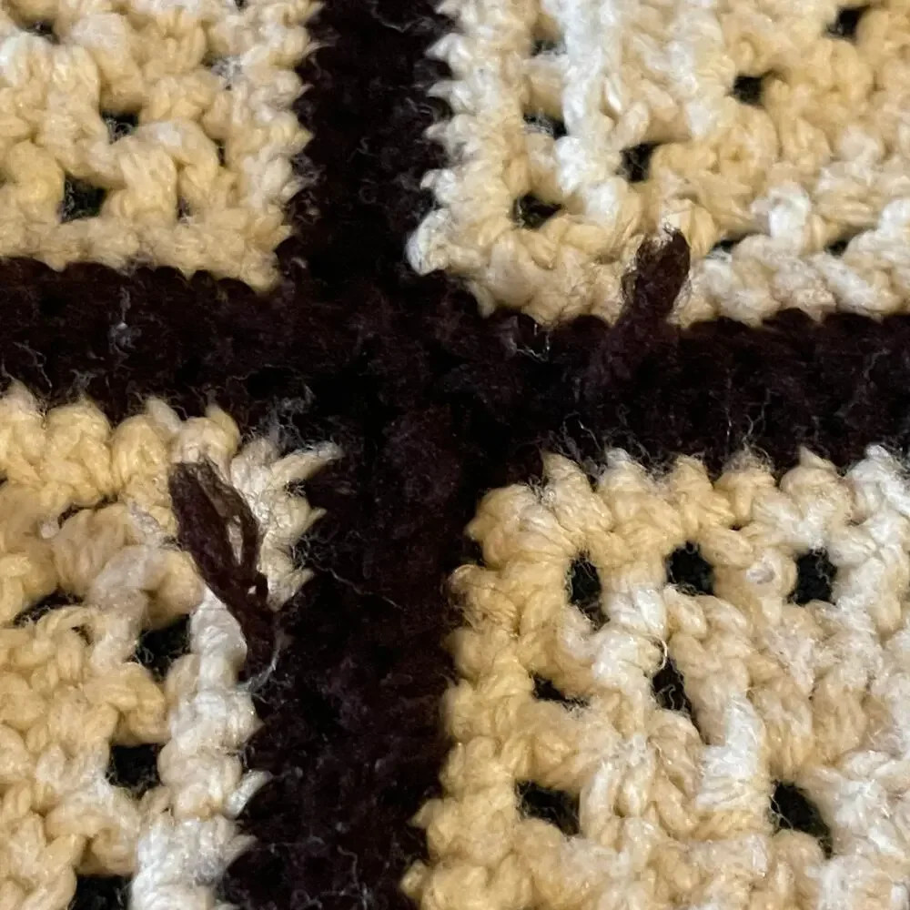 Vintage Handmade Crochet Afghan Throw 12 Panels Cream Brown Trim 47 x 65”